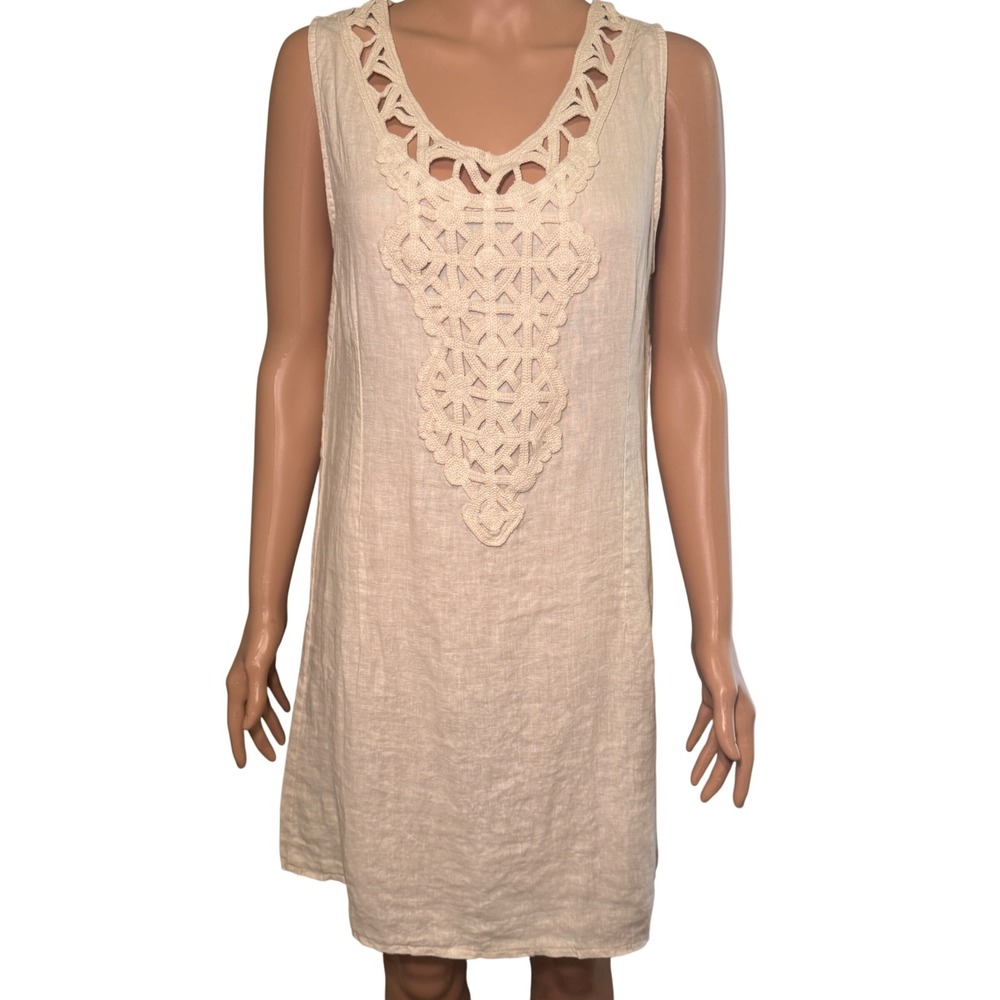 Alessia Pacini Beige 100% Linen Crochet Lace Shift Dress Made in Italy NWT Small